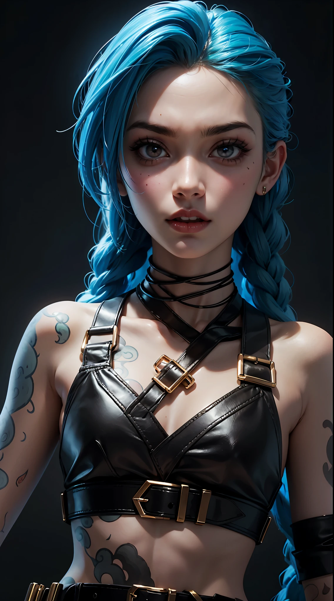 [Core Concept]
A close-up portrait of Jinx, the infamous criminal mastermind from the League of Legends universe.

[Character Description]
Jinx is depicted with her signature electric blue hair, wild and untamed, framing her mischievous face. Her eyes are filled with a gleam of unrestrained joy and a hint of madness, reflecting her chaotic and unpredictable nature.

[Environment/Background]
The background is blurred and indistinct, allowing the focus to remain solely on Jinx's captivating features.

[Style and Atmosphere]
The image has a gritty, neon-infused aesthetic, capturing the edgy and high-intensity vibe associated with Jinx's character.

[Composition]
The composition is tightly framed, drawing the viewer's attention directly to Jinx's expressive face and emphasizing the intensity of her gaze.

[Details and Embellishments]
Jinx's makeup is bold and striking, with sharp lines accentuating her features and a vibrant, almost fluorescent color palette that adds to the overall sense of energy and chaos.

[Technical Specifications]
The image is rendered with a high level of detail, showcasing the intricate textures and vibrant hues that bring Jinx's iconic appearance to life.