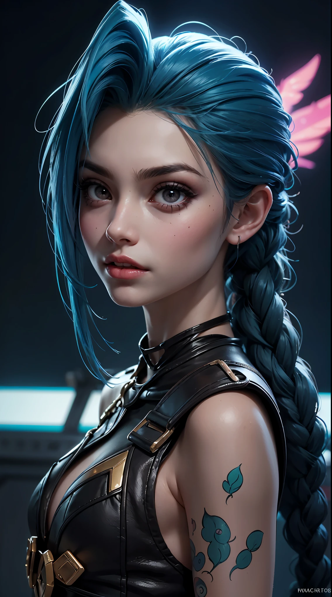 [Core Concept]
A close-up portrait of Jinx, the infamous criminal mastermind from the League of Legends universe.

[Character Description]
Jinx is depicted with her signature electric blue hair, wild and untamed, framing her mischievous face. Her eyes are filled with a gleam of unrestrained joy and a hint of madness, reflecting her chaotic and unpredictable nature.

[Environment/Background]
The background is blurred and indistinct, allowing the focus to remain solely on Jinx's captivating features.

[Style and Atmosphere]
The image has a gritty, neon-infused aesthetic, capturing the edgy and high-intensity vibe associated with Jinx's character.

[Composition]
The composition is tightly framed, drawing the viewer's attention directly to Jinx's expressive face and emphasizing the intensity of her gaze.

[Details and Embellishments]
Jinx's makeup is bold and striking, with sharp lines accentuating her features and a vibrant, almost fluorescent color palette that adds to the overall sense of energy and chaos.

[Technical Specifications]
The image is rendered with a high level of detail, showcasing the intricate textures and vibrant hues that bring Jinx's iconic appearance to life.
