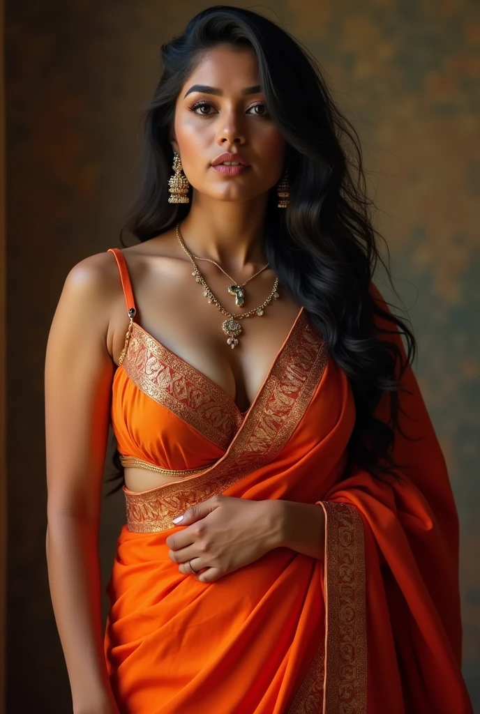 A sexy Indian wife with a huge round boobs and long cleavage line visible in a sexy folded saree