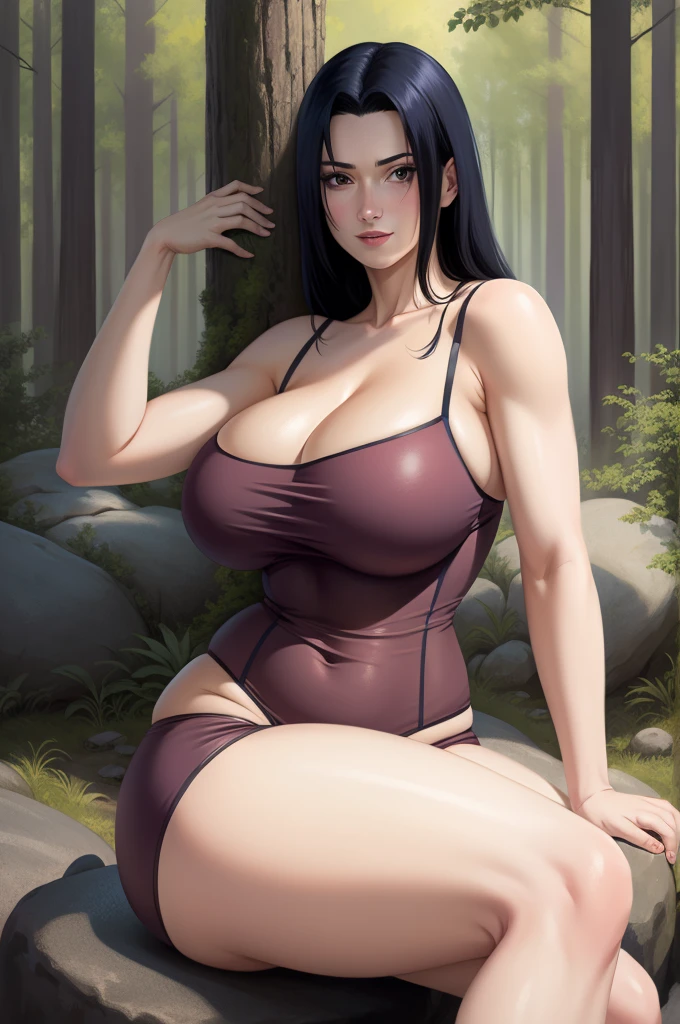 1milf & 1man, having sex, sex , doggy style sex, oil painting, highly detailed, realistic, portrait, bright colors, soft lighting, (best quality, 4k,8k, height, masterpiece: 1.2), (big round breasts: 1.5), professional, long black hair, eyes black, beautiful detailed eyes and face, very detailed smile, long eyelashes, sitting on a rock, looking towards the viewer, sexy lingerie, big butt, bare shoulders, stocking, outdoors, forest, cowboy shot, collarbone, sweating, hot pose 