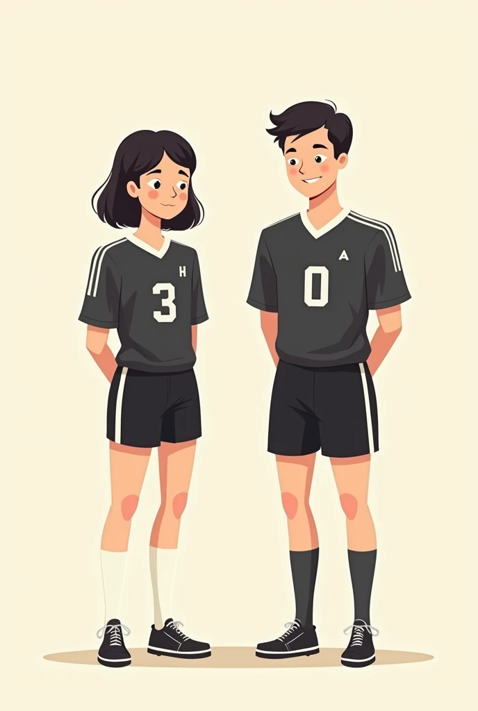 Generate a simple cartoon with dot eyes of a woman and a man in an old volleyball uniform that is black and white and looking straight ahead 