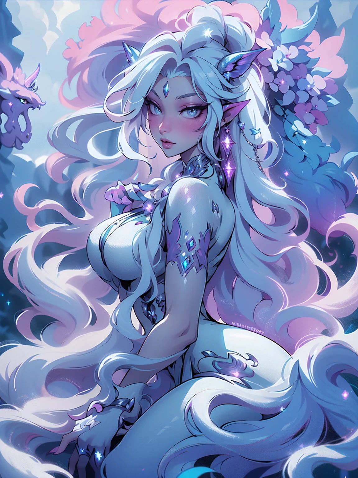 (Masterpiece - Ultra-Detailed, High Resolution)There is a white unicorn girl, blue mane and long mane, white unicorn, unicorn, unicorn horns, A unicorn, celestia, Nine stories, blue unicorn, soft dreamy, cinematic light《fangs》Unicorn in, mythological creatures, a mythical creature, Pokémon illustration, unicorns, a glaceon princess, white dress, opal eyes. Auroracore, ghostly iridescent, image good for rendering, sitting on the water. unicorn girl, full body, backwards, looking back