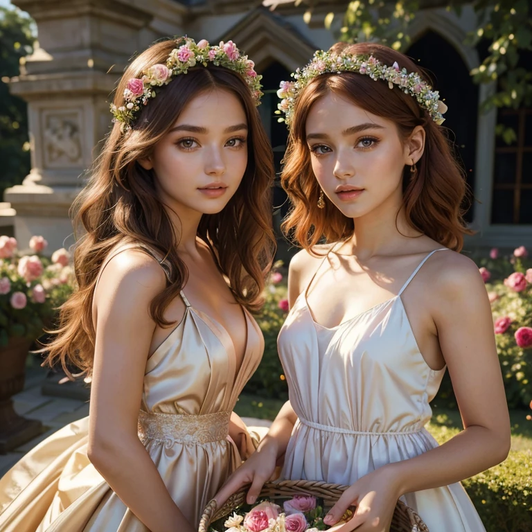 (masterpiece, best quality:1.5), highest quality, High resolution, super detailed, Realists, Upper body photo of a red-haired flower girl, detailed and beautiful eyes, beautiful detailed lips, very detailed eyes and face, longeyelashes, Young girl in a short dress made of shiny brown satin fabric, Beautiful and colorful makeup, elegant and noble々Pose,shiny satin headband, grind, Holding flowers, Gardens as background, soft daylight, bright colors, fine brushstrokes, Portrait style, Noble details in the dress fabric, beautiful color palette, glowing skin, First-class rendering, that captures every detail, enchanting atmosphere, subtle shadows and lights, (perfect anatomy:1.2), (The two stunning flower girls hold baskets of rose petals. Exchange glances. (magnificent panorama view:1.2)