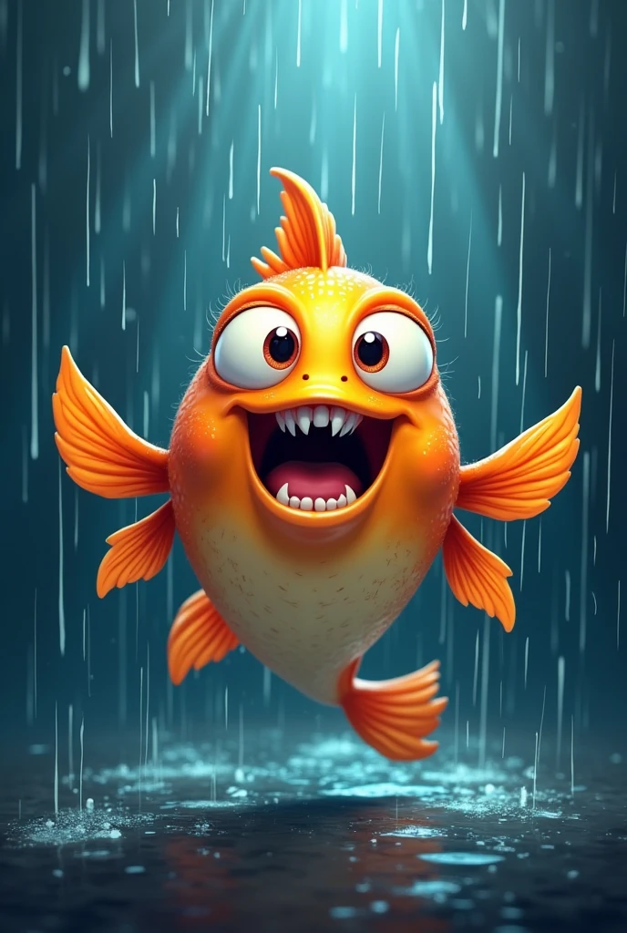 cute cartoon fish singging heavy metal song at rain