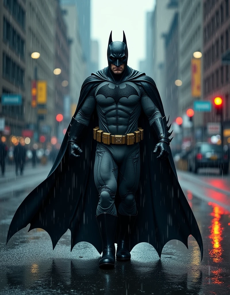 (Typography Poster) Batman approaching the viewer on a rainy street, The caption in the center of the Typography Poster reads 'BATMAN', show all of him head to toe, grim, edgy