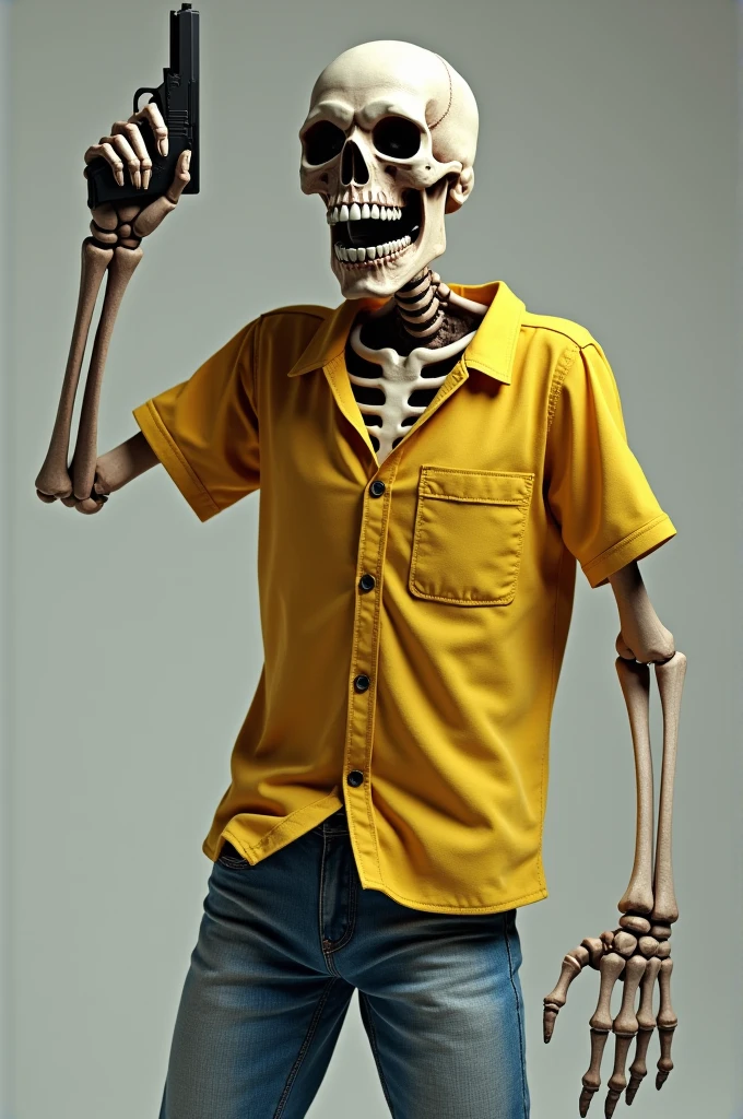 a stylish skeleton with a subtle grin, donning a white button-down shirt over a faded blue graphic t-shirt, loose-fitting baggy jeans with frayed hems, and scuffed-up white sneakers, exudes a coder's nonchalant aura, with a hint of swag and an air of confidence, set against a moody, gradient blue background that complements the skeleton's weathered attire, with subtle highlights on the bones and clothes to accentuate the laid-back, coding-inspired vibe, dance moves