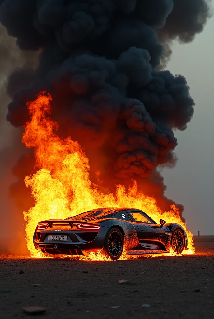 Porsche 918 spider on fire with black smoke seen engulfing it recreating a legendary photo that looks realistic