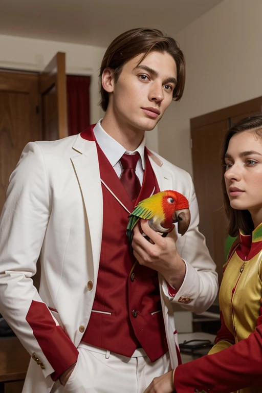 Young handsome cute white skinned smooth skinny beautiful face and wearing a red suit uniform shows his college classmate a parrot while his classmate was surprised looking at the parrot