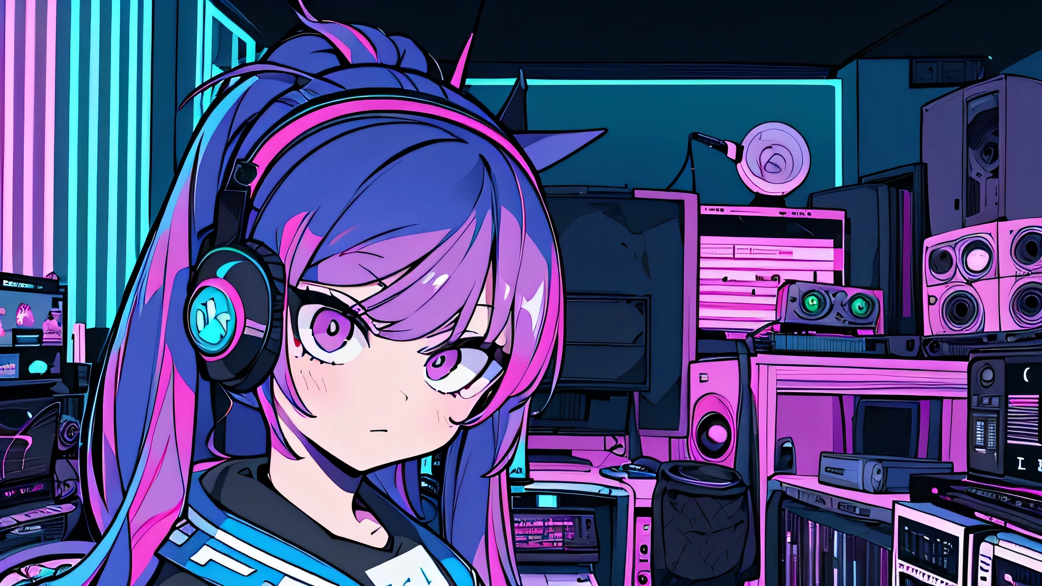 Best quality, (masterpiece), best detail face,1 girl, big breasts, 18 yo, 8k,absurdres,unity 8k wall paper,(extremely detailed:1.3), highest realistic, (retro headphones:), (soft neon light:), (psychedelic), Her room full of music equipment and records, sports wear , See the whole room , pony tail hair