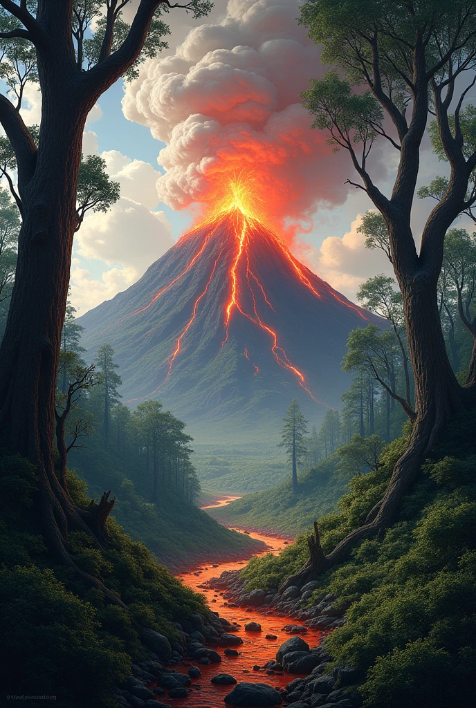 Landscape drawing erupting volcano in the forest