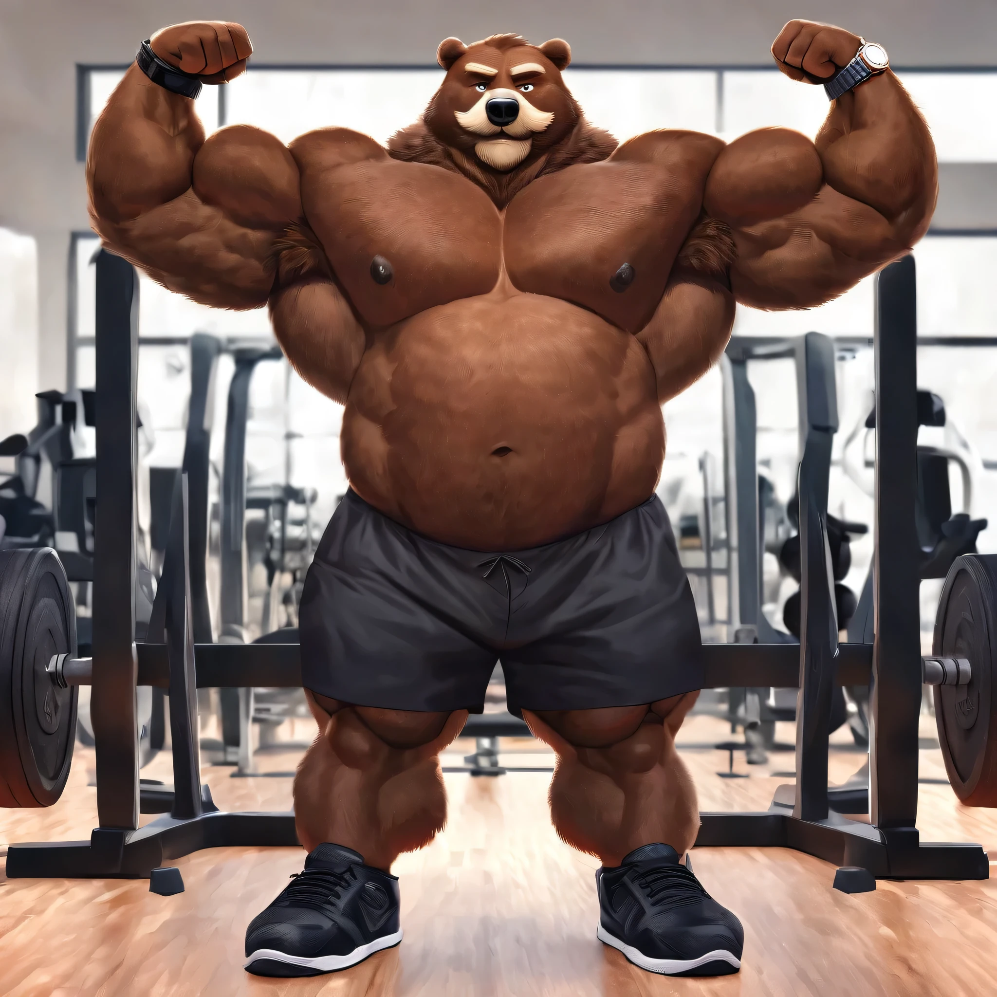 huge muscular kodiak brown bear in big gym fitness center, big wincing, kodiak bear, huge brown fur, thick arm, huge arm, veins all over arms and chests, bald, brown mustache and brown beard, (muscular, pectoral, wide pectoral, thick arms), HEIGHT: 220CM, WEIGHT: 370KG, gym  background, realistic, 8k, masterpiece, added cinnamon colored eyebrows, deatiled eyes with red pupils, (wearing black shorts, wristband, watch, black shirtless, topless and black shoes), flexing downwards. Seeing how strong he is. Back arched. Shoulders up, roll forward. Elbows out. Forearms at a 30 degree bend. 