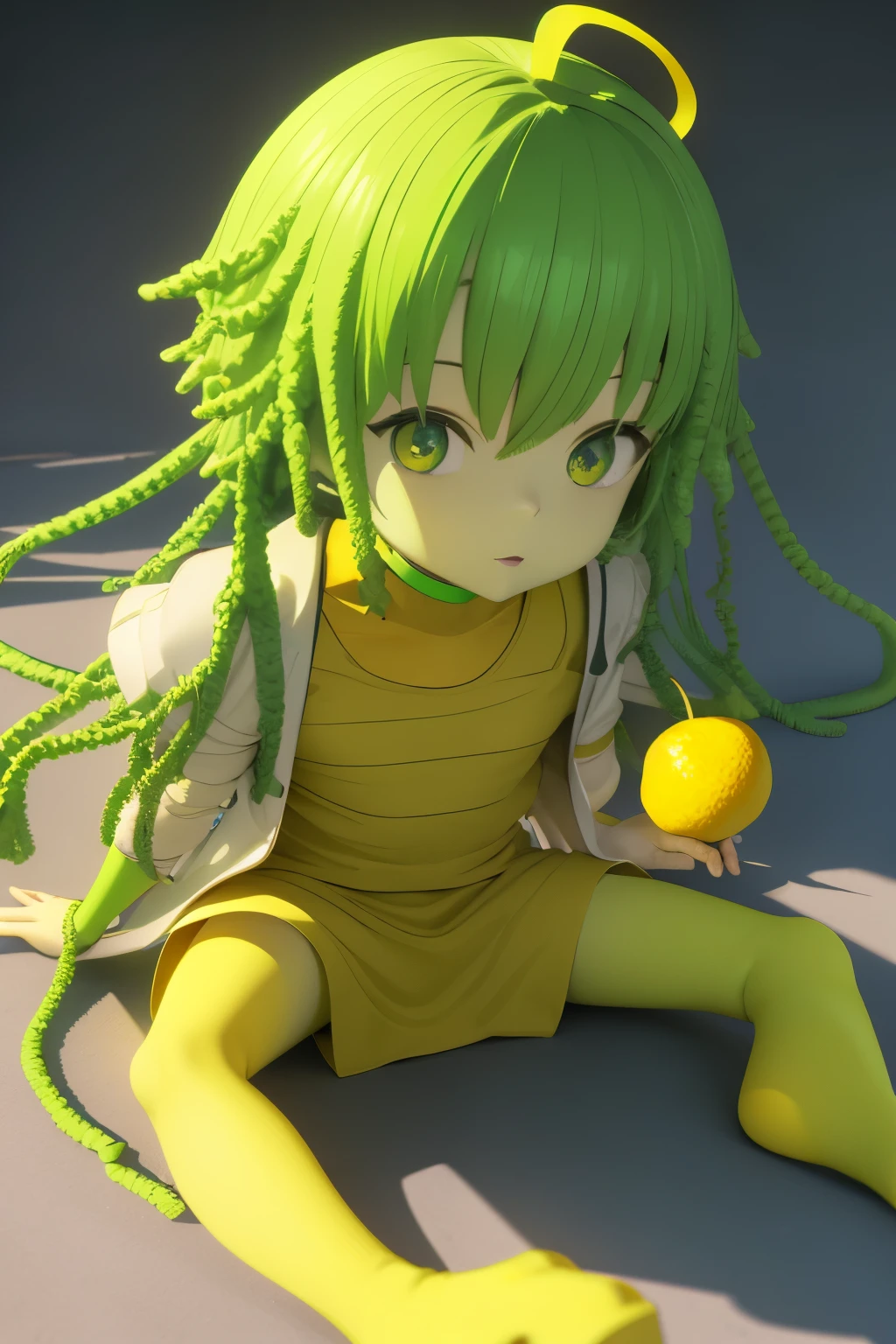 a 3d ???, pale yellow skin, no lenses, neon green dreadlocks disguised as a lemon, lemon suit