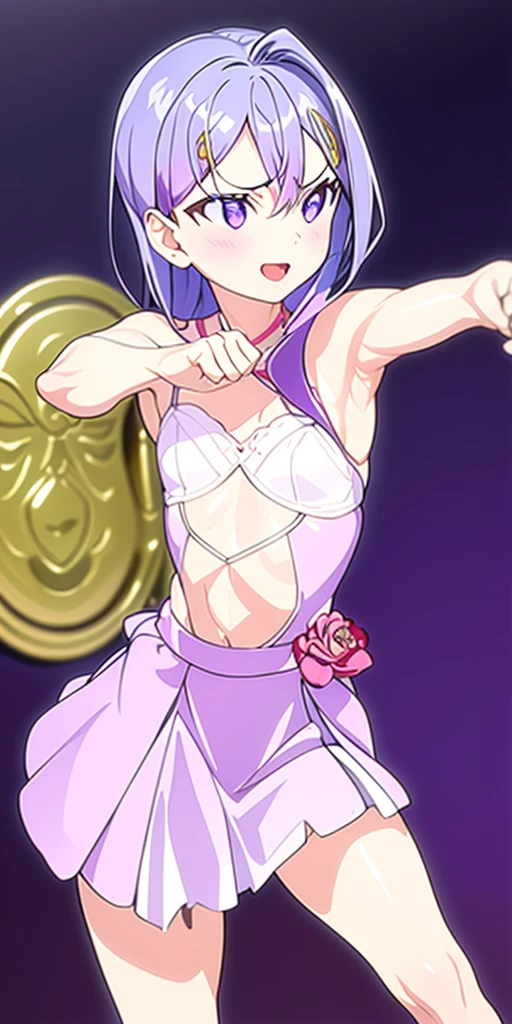 (masterpiece), best quality, intricate details, ultra details, ultra quality, rule of third, (looking at viewer), detailed face, detailed iris, glossy lips, 1girl, solo, long hair, purple eyes, hair between eyes, purple hair, hair intakes, bangs, :D, (full body shot), pink dress, outside, field of flowers, dancing (clenching fists, better hands)