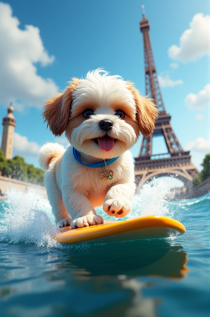 White and light brown Shitzu dog, light brown muzzle and light brown eyes, surfing at the 2024 olympics, in paris.