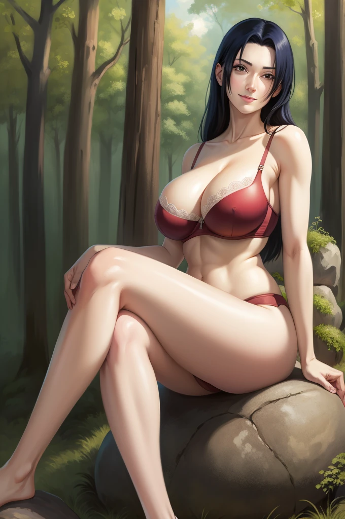 Boa Hancock, oil painting, highly detailed, realistic, portrait, bright colors, soft lighting, (best quality, 4k,8k, height, masterpiece: 1.2), (big round breasts: 1.5), professional, long black hair, eyes black, beautiful detailed eyes and face, very detailed smile, long eyelashes, sitting on a rock, looking towards the viewer, sexy lingerie, big butt, bare shoulders, stocking, outdoors, forest, cowboy shot, collarbone, sweating, hot pose