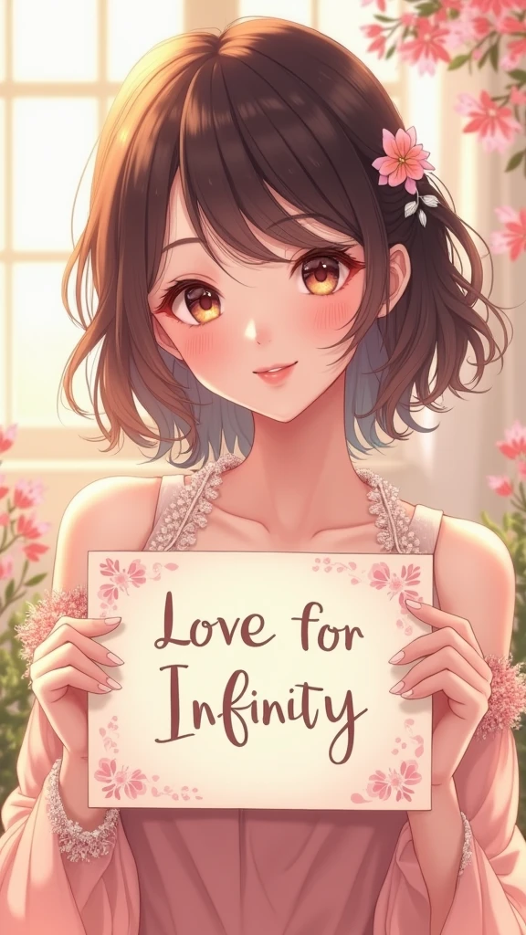 A beautiful and lovely lady holding a sign "I love infinity", hapiness, hapiness的, Anime Illustrations, Reality, painting