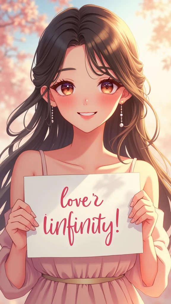 A beautiful and lovely lady holding a sign "I love infinity", hapiness, hapiness的, Anime Illustrations, Reality, painting