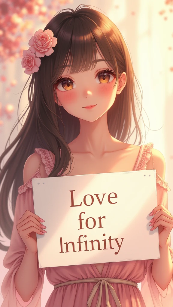 A beautiful and lovely lady holding a sign "I love infinity", hapiness, hapiness的, Anime Illustrations, Reality, painting