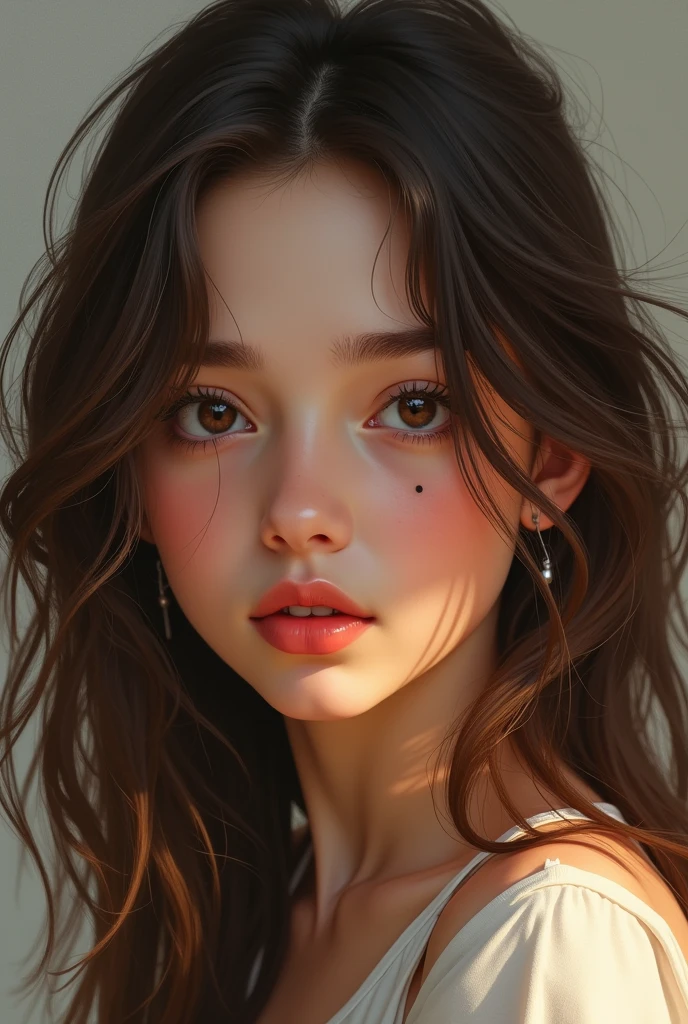 Create a  girl with brown hair, and dark brown eyes. And with a mole on his face, and a fleshy, pink mouth