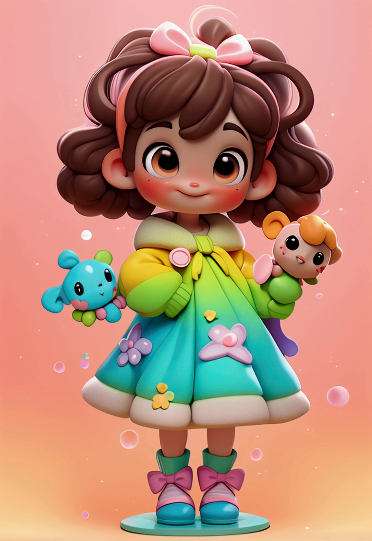 In a delicate and colorful room filled with cute toys (Child character:1.2), (Colorful personality:1.3), Meet Nick, cheerful, with a vibrant personality and a unique touch – his shiny light brown hair straight with two pigtails with bows. rainbow colors. Her warm brown eyes radiate curiosity and kindness, making her a truly captivating character, with a captivating appearance in a delicate room filled with soft colors.