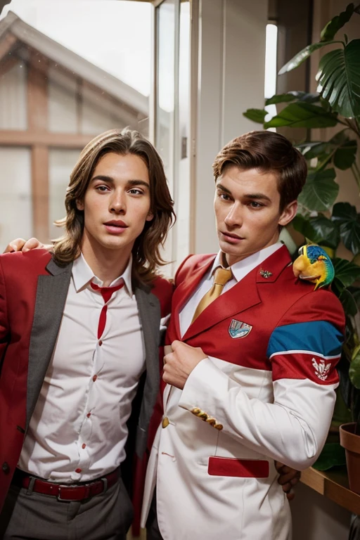 Young handsome cute white skinned smooth skinny beautiful face and wearing a red suit uniform shows his college classmate a parrot while his classmate was surprised looking at the parrot