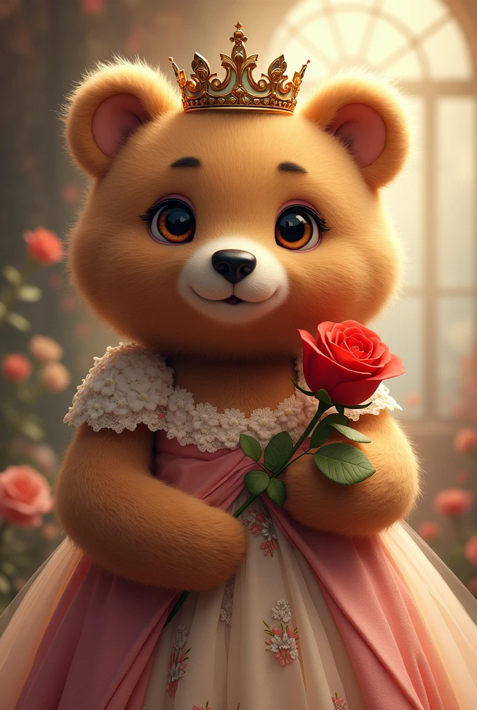 Princess bear with crown wearing a floral dress holding a red rose with no background in the image 