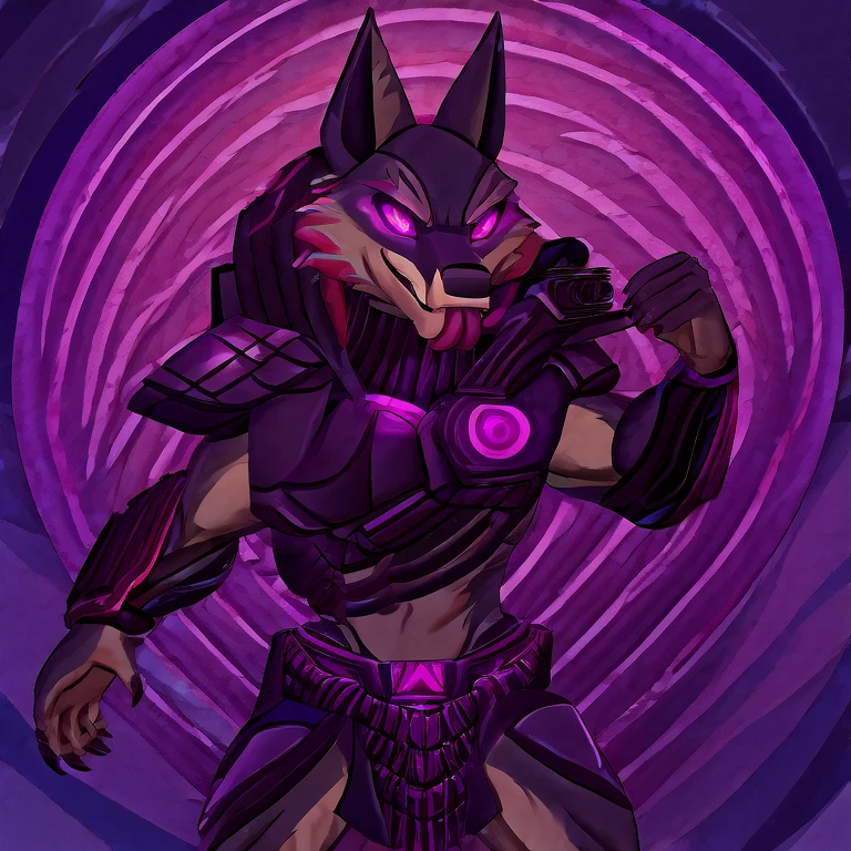 (masterpiece, best quality:1.2), Vortex Anubis hellhound, wolf, furry, helluva boss, hypnotized with glowing purple eyes, tongue out, wearing predator futuristic armor, using a Pulse Rifle, Energy Rifle, Futuristic assault rifle, dancing ridiculously