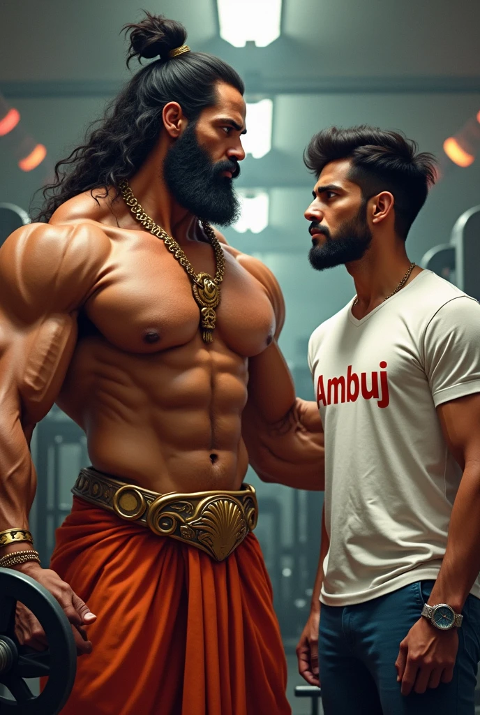The story of friendship between bajrangbali Hanuman and a gym enthusiast. Hanuman is seen supporting the gym boy, "Ambuj" is written on the boy's t-shirt, the gym is seen in our background, the mix of his strength and muscle makes for a powerful sight