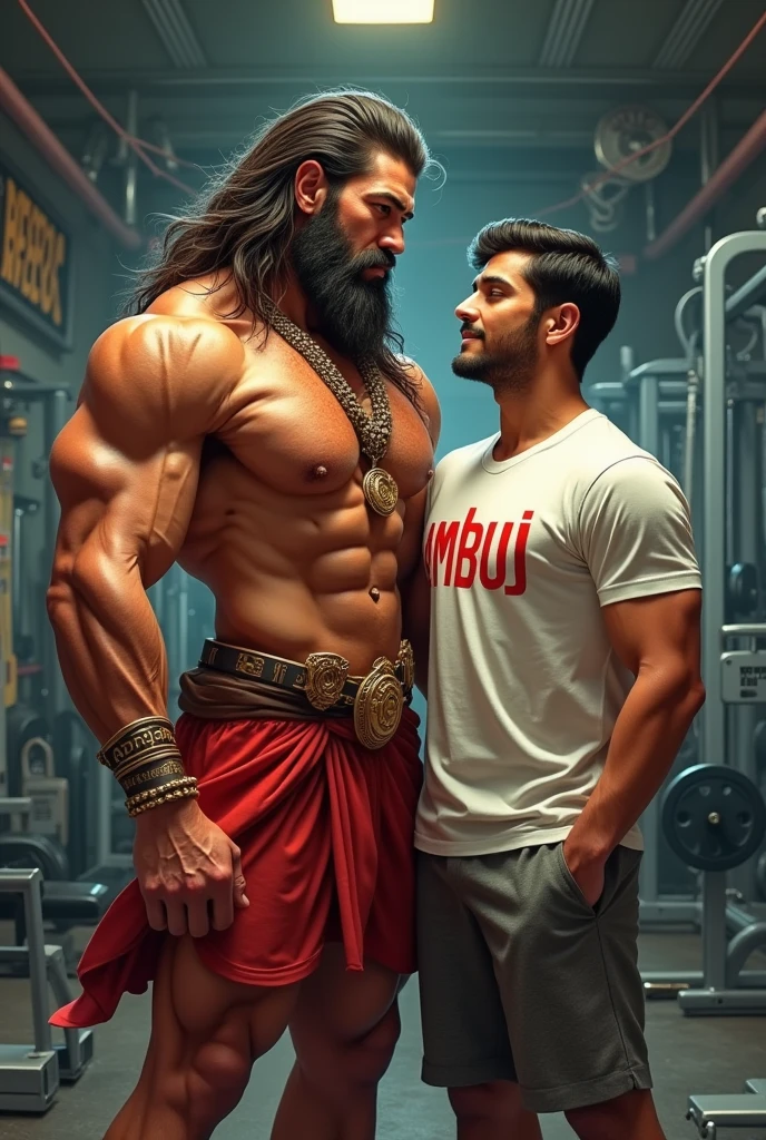 The story of friendship between bajrangbali Hanuman and a gym enthusiast.  Hanuman is seen supporting the gym boy, "Ambuj" is written on the boy's t-shirt, the gym is seen in our background, the mix of his strength and muscle makes for a powerful sight