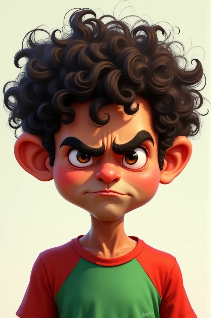 small curly hair tshirt red and green color small angree face round face and Indian face