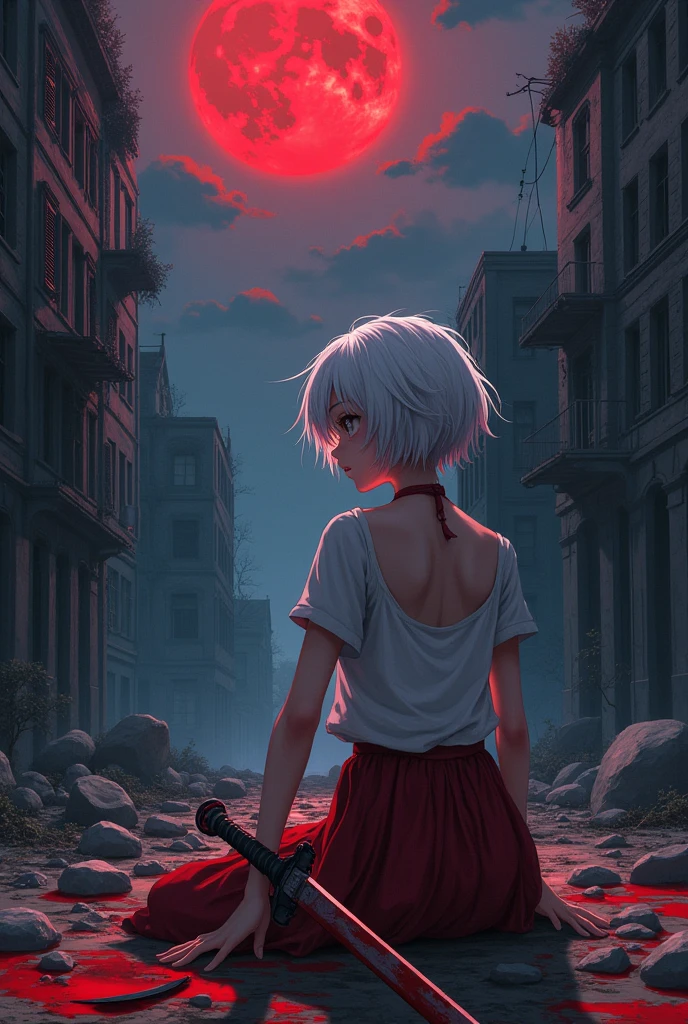 An AI high school girl named Karin, short white hair, damaged, hurt, anime, a psycho, I'm a psycho, thinking, on her knee, sword next to her, ruin abandoned destroyed city background, blood moon sky
