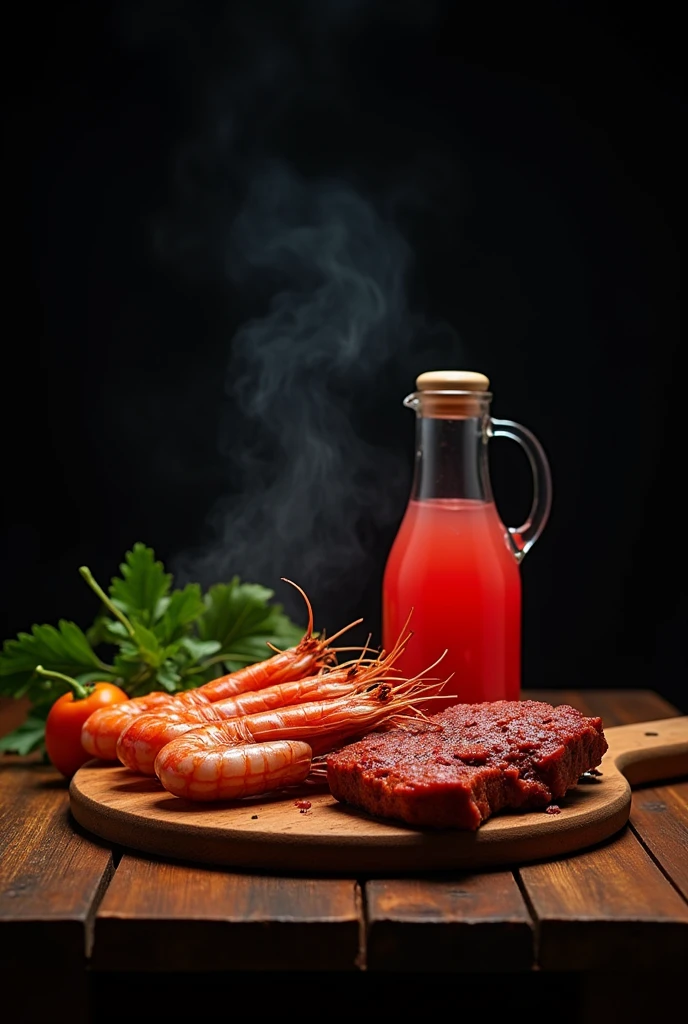 Generate an image that includes a family eating at a wooden table, A giant barbecue with shrimp, and cuts of meat. besides, Add a jug of hibiscus water drink.
The background should be black and the colors warm