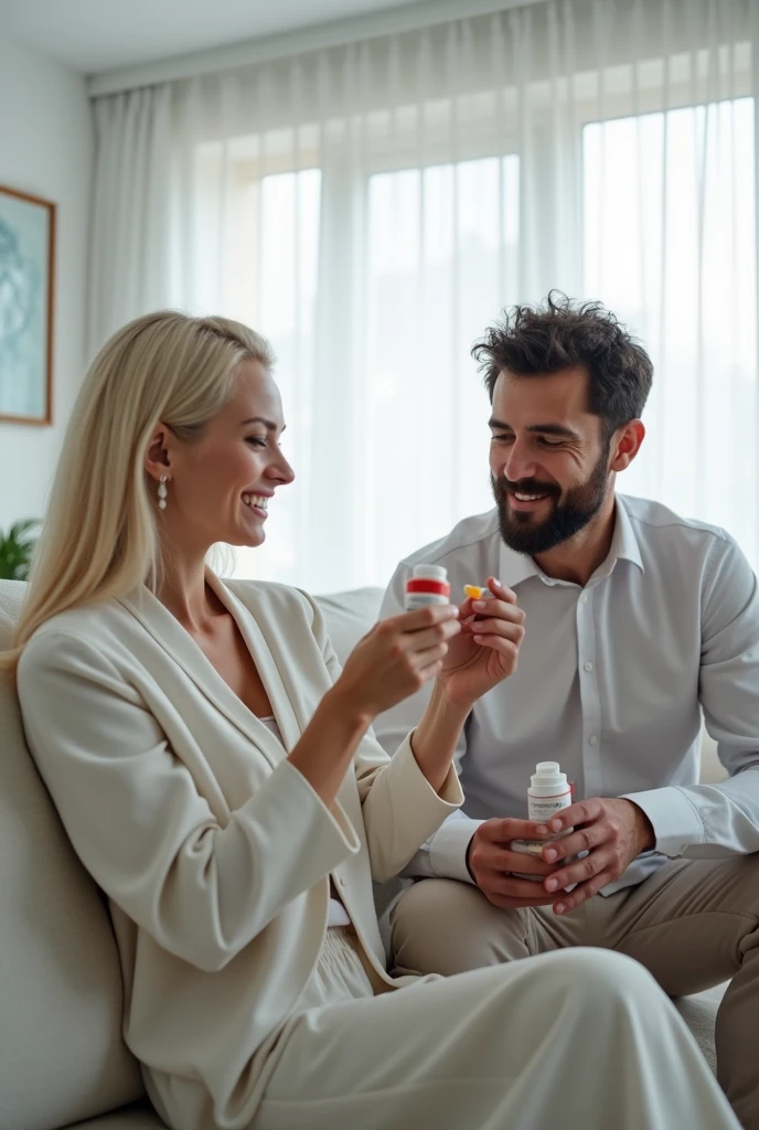 A 1080x1920px image depicting a gender-swapped scene where a man is portrayed as a woman and a woman as a man, reflecting an LGBTQ theme. They are in a modern living room, both taking medication. The room is designed with a minimalist aesthetic in white tones