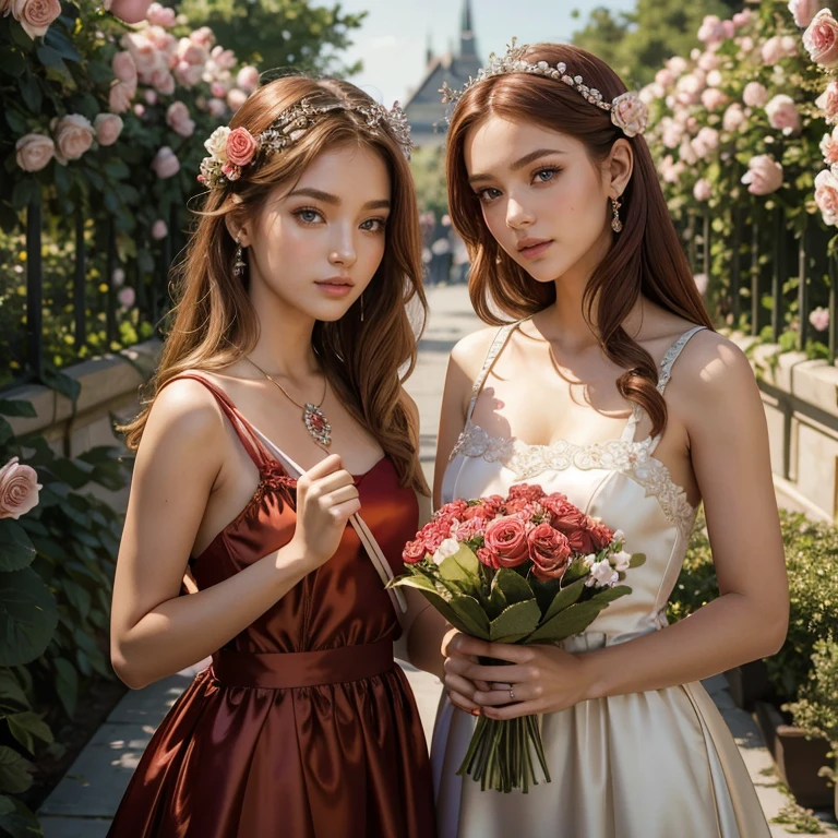 (​masterpiece, best quality:1.5), highest quality, High resolution, super detailed, Realists, Upper body photo of a red-haired 18 year old flower girl, detailed and beautiful eyes, beautiful detailed lips, very detailed eyes and face, longeyelashes, Young girl in a short dress made of shiny brown satin fabric, Beautiful and colorful makeup, elegant and noble々Pose,shiny satin headband, grind, Holding flowers, Gardens as background, soft daylight, bright colors, fine brushstrokes, Portrait style, Noble details in the dress fabric, beautiful color palette, glowing skin, First-class rendering, that captures every detail, enchanting atmosphere, subtle shadows and lights, (perfect anatomy:1.2), (The two stunning flower girls hold baskets of rose petals. Exchange glances.  (magnificent panorama view:1.2)