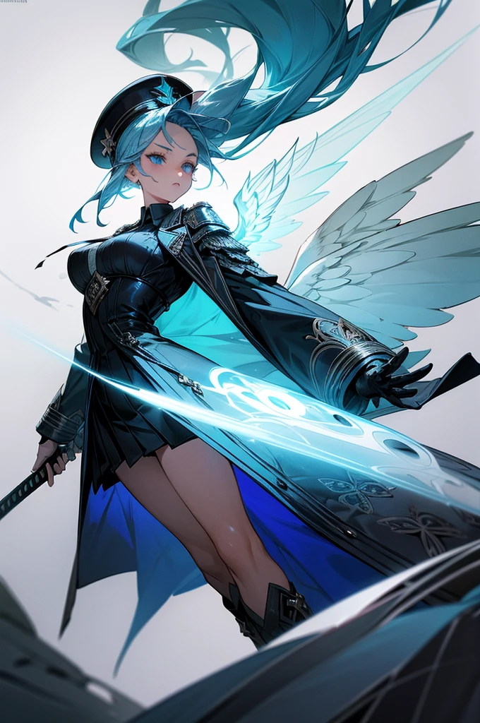 Create an image featuring a dynamic powerful female character with short ponytail silver hair and piercing blue eyes. She is wearing a detailed dark blue and black outfit with intricate white accents, including a high-collared modern style trench coat, armored shoulder pads, and a fitted bodice with ornate patterns and a commander hat. Her outfit also includes a flowing skirt with layered fabric and thigh-high boots. The character is wielding a sword with a glowing tip, held confidently in her right hand. She stands in a powerful, poised stance with one foot slightly forward and her wings spread wide behind her. The aura are large and ethereal, resembling both space and time in shades of teal and blue lightning, giving the impression of both fire and wind elements at play. The background is soft with light colors that complement the characterr's striking presence. sc-fi fantasy theme