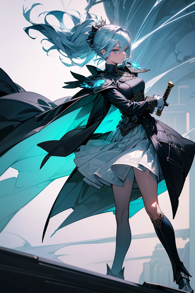 Create an image featuring a dynamic powerful female character with short ponytail silver hair and piercing blue eyes. She is wearing a detailed dark blue and black outfit with intricate white accents, including a high-collared modern style trench coat, armored shoulder pads, and a fitted bodice with ornate patterns and a commander hat. Her outfit also includes a flowing skirt with layered fabric and thigh-high boots. The character is wielding a sword with a glowing tip, held confidently in her right hand. She stands in a powerful, poised stance with one foot slightly forward and her wings spread wide behind her. The aura are large and ethereal, resembling both space and time in shades of teal and blue lightning, giving the impression of both fire and wind elements at play. The background is soft with light colors that complement the characterr's striking presence. sc-fi fantasy theme