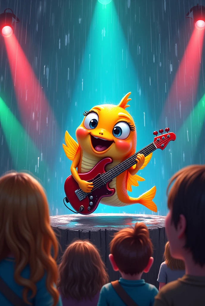 cute cartoon fish singing heavy metal song at rain witb many crowd watching. put some light concert laser