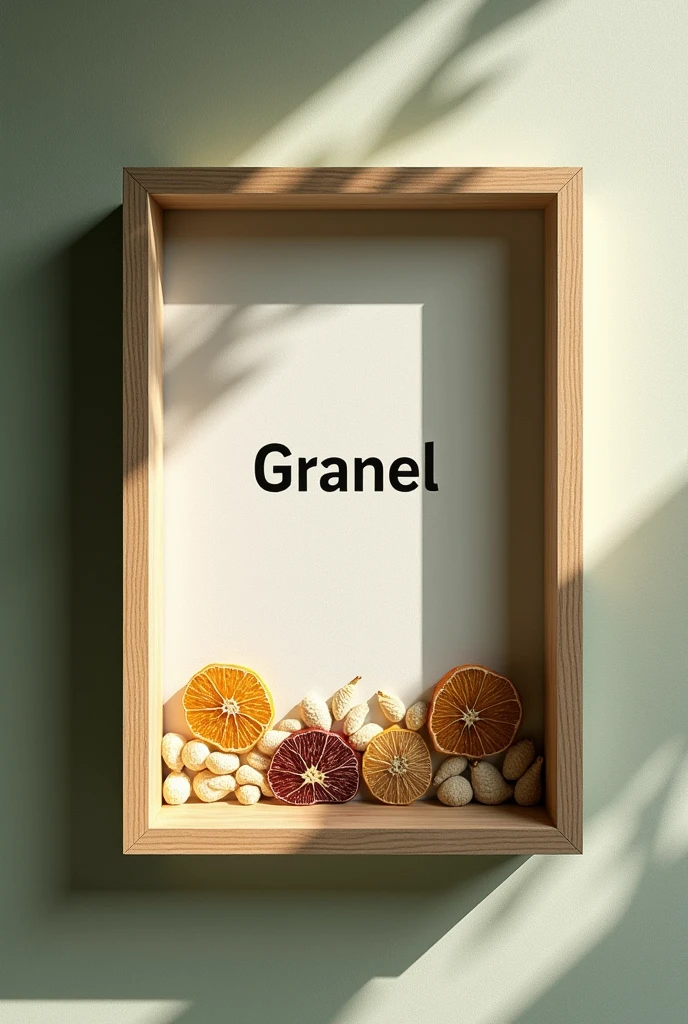 Sign for a store with the name Granel, rectangular in shape, of dried fruit with green and white tones inside the rectangle.
