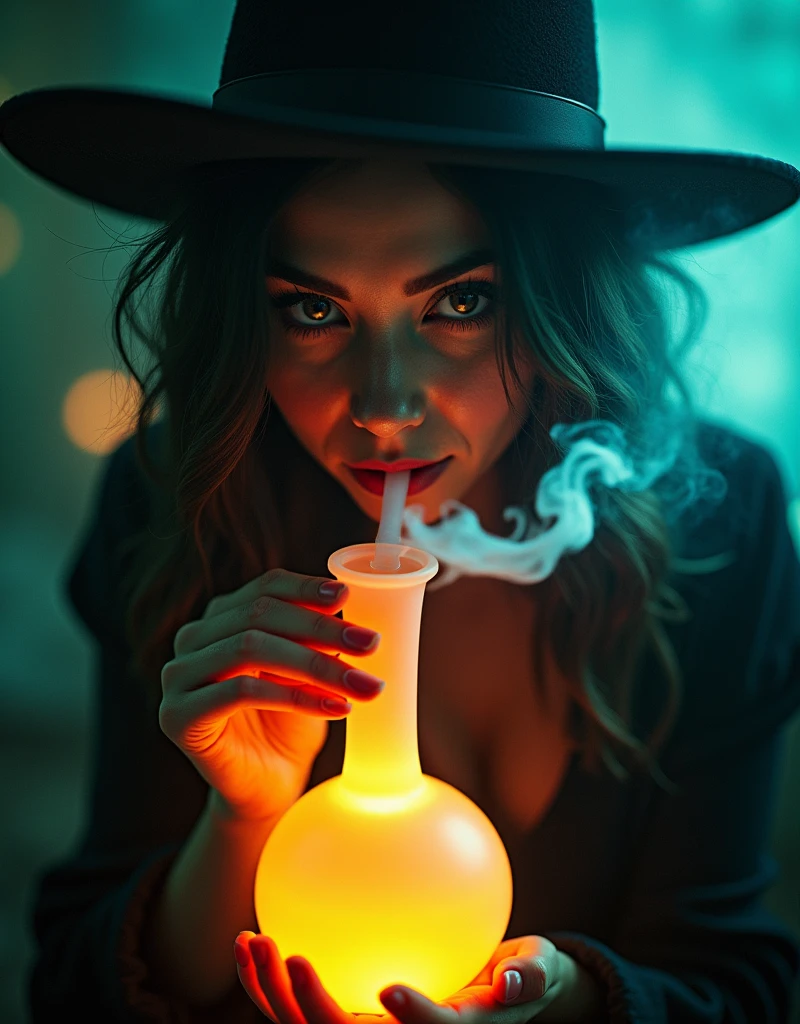 A mystical femme fatale poses confidently, front and center, as she effortlessly hits the glass bong, exhaling wispy tendrils of smoke that seem to defy gravity. Her gaze is fixed on the viewer, a sly smile dancing across her lips as she dabs, releasing a hypnotic cloud of vapor into the air. The magical bong glows softly in the dimly lit setting, casting an ethereal ambiance around the enchantress. With eyes aglow and smoke swirling out from between her lashes, this captivating sorceress embodies the essence of #smokeweedeveryday, retina, accurate, masterpiece, super detail, high details, best quality, award winning, highres, HD, 4K, 8k, 16k, retina, accurate, masterpiece, anatomically correct, textured skin, super detail, high quality, award winning, highres, 8k, 16k