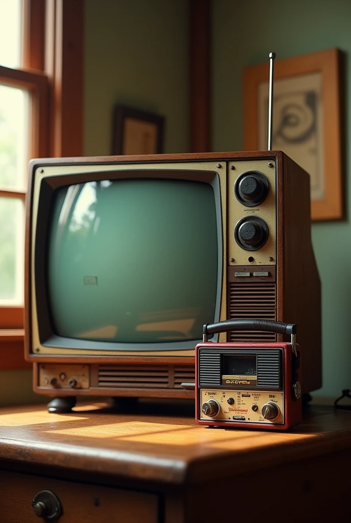 An old television with tape radio on the table with the name Diflen