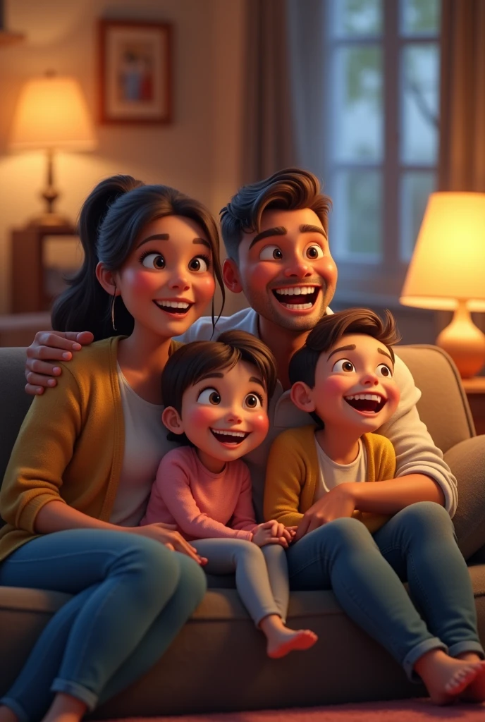 Make a family on the couch laughing while watching TV