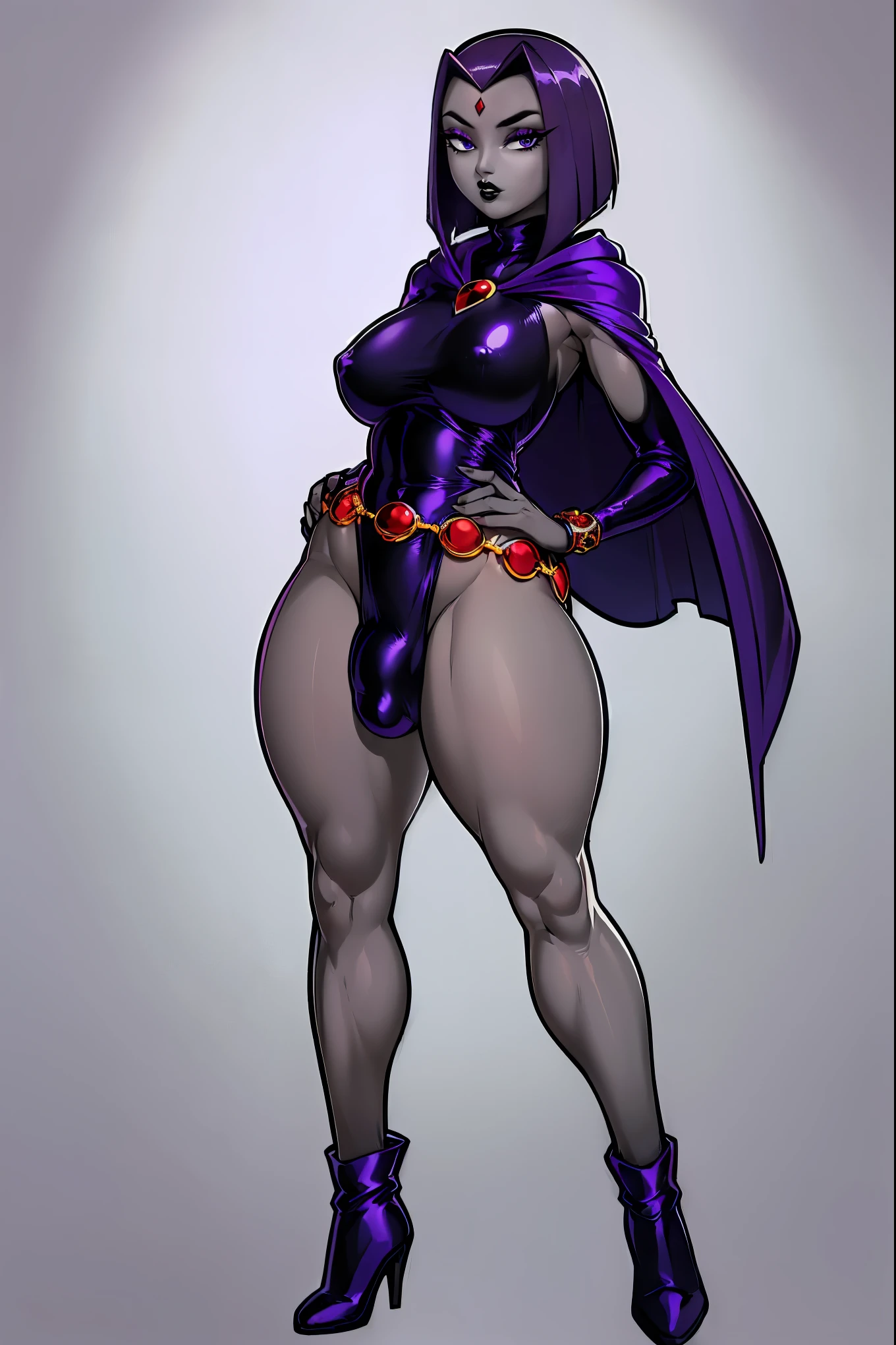 (solo:1.1),(masterpiece), (best quality:1.3),, (ultra detailed), (intricate), professional art, digital art, absurdres, shadraven, (Full body view:1.3), (far away view:1.1), 1girl, solo, (grey skin:1.4), dark purple hair, bob hair, dark purple eyes, hips wider than shoulders, pear shaped body, jewellery, detailed thighs, (thick thighs:1.3), red jewel in forehead, jewels, (long sleeved turtleneck leotard:1.4), (Red jewel Belt), (red jewel brooch), cuffs, small breasts, nipple bulge, (raven long dark purple hooded cape), (Shadraven brooch:1.2), Shadraven jewel belt, Shadraven wearing a long sleeved leotard with fingerless gloves and ankle boots and a hooded cape, (long legs:1.3), ( detailed long thick veiny crotch bulge with veins showing through clothing:1.4), large penis, large testicles, side view, looking at viewer, bubble butt , gluteal crease, universal lighting,(Detailed ass),
