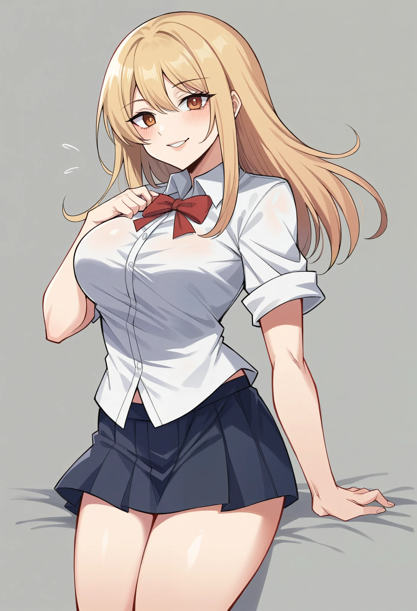 1girl,blonde hair, blue eyes, twintail,tight shirt, school uniforms,miniskirt,school hallway,lrge breasts, sagging breasts,(makeup:1.1),lipstick ,smirk,groin,Condom belt,