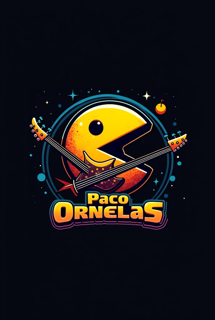 Pacman and bass combined with the text Paco Ornelas on a logo