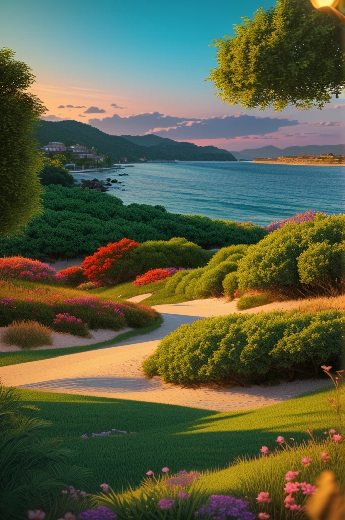 A vast, stunning island with a breathtaking view of the sea, azure blue skies, rolling green hills, white sandy beaches, crashing waves, sailboats in the distance, (best quality,4k,8k,highres,masterpiece:1.2),ultra-detailed,(realistic,photorealistic,photo-realistic:1.37),HDR,UHD,studio lighting,ultra-fine painting,sharp focus,physically-based rendering,extreme detail description,professional,vivid colors,bokeh,landscape,cinematic lighting,dramatic lighting,warm color palette,serene,tranquil
