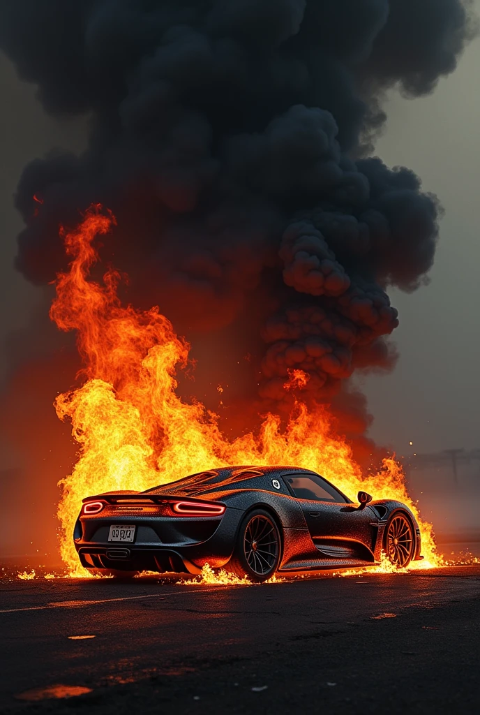 Porsche 918 spider on fire with black smoke engulfing the car and showing it burned and damaged by the fire, recreating a legendary photo that looks realistic
