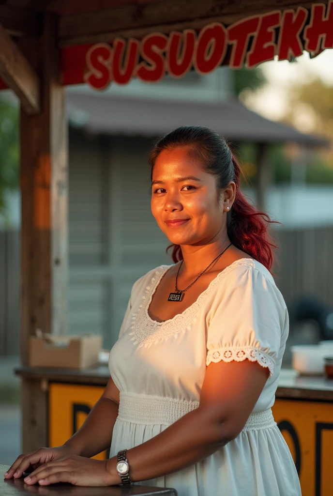 realistic photo shows a 28 year old Sundanese girl selling iced tea. She was wearing a knee-length white house dress, chubby, her hair was dyed slightly reddish, tied in a ponytail, wearing a necklace that said "putra" She was in a simple booth that was marked "ES SUSU TETEH" in big letters and spelled correctly. Late afternoon atmosphere, illuminated by the setting sun. very detail.