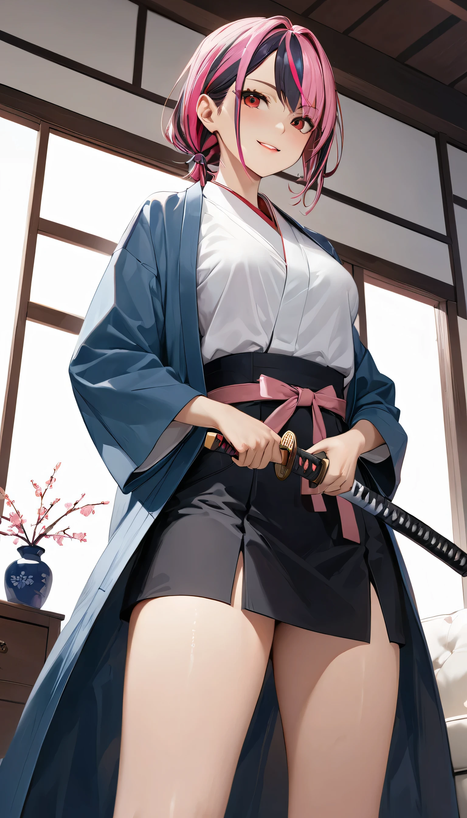(masterpiece), (best quality), (ultra-detailed), (highest quality), (2.5D), (1 girl), very delicate facial expressions, (smirk), erotic, only sexy woman, healthy figure, ((22-year-old woman)), 170cm tall, medium firm swaying breasts, ChopioMeiMei, (medium hair), high ponytail, sidelocks, hair scrunchie, parted bangs, (pink hair:1.5), pink and salmon pink, ((streaked hair:1.9)), (highlights hair: 1.6), butterfly hair ornament, forehead, hair ornament, red eyes, ((red lipstick)), (thin thighs), (Erect nipples:0.2), (haori), belt, black pants, coat, demon slayer uniform, japanese clothes, pants, uniform, weapon, katana, holding sword, sheathed, unsheathing, scabbard, facing straight at viewer, (((low angle/from below))), ((erotic pose)), in the living room in midsummer