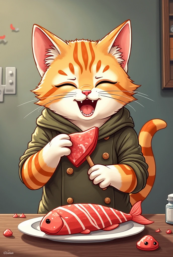 (masterpiece),(Highest quality:1.1),(Very detailed),Best illustrations,In detail,(Portraiture:1.1),Cat self-assertion、「I want to eat meat and fish」、A board with the words、