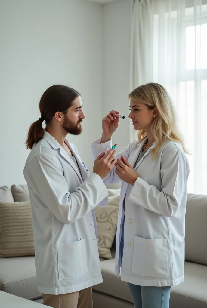 A 1080x1920px image depicting a gender-swapped scene where a man is portrayed as a woman and a woman asia as a man asia, reflecting an LGBTQ theme. They are in a modern living room, both taking medication. The room is designed with a minimalist aesthetic in white tones